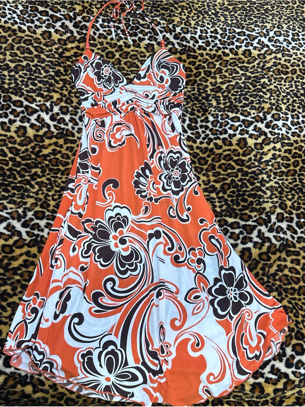Vintage Trixxi Orange Floral Halter Maxi Dress with Black & White Accents